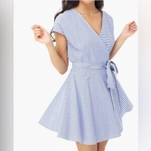 Blue and white stripe wrap dress